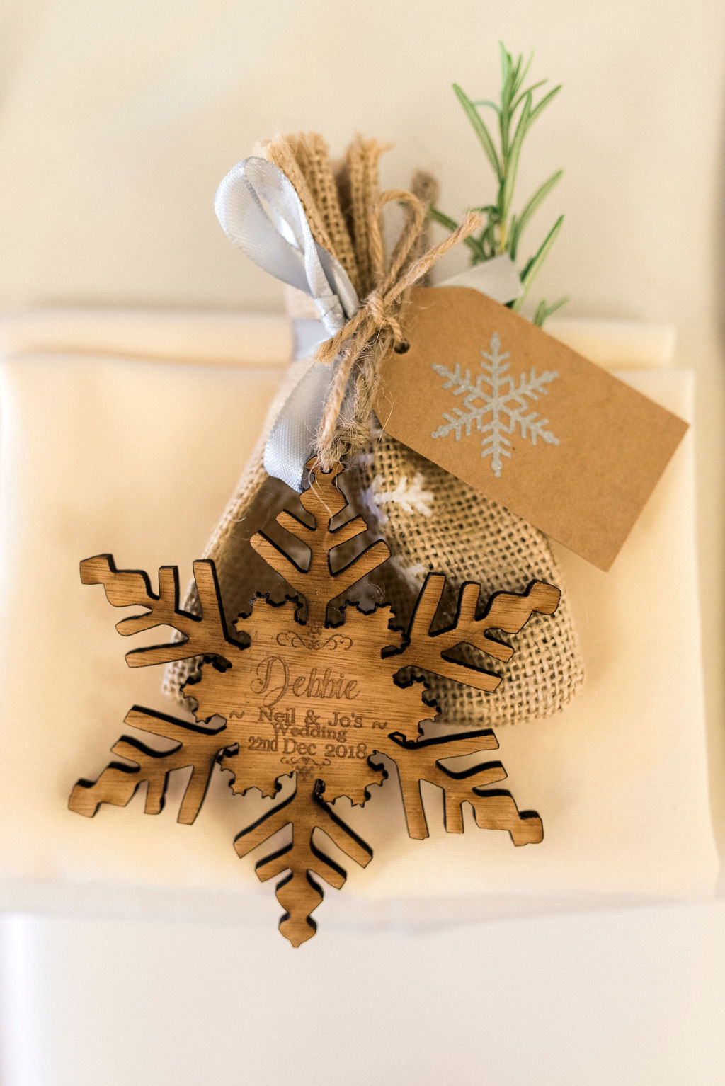 Festive wedding favour of wooden Christmas Tree decoration